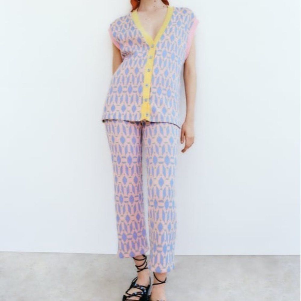 Zara Pink Yellow and Blue Full Length Jacquard Pants Size Medium NWOT Flare Leg